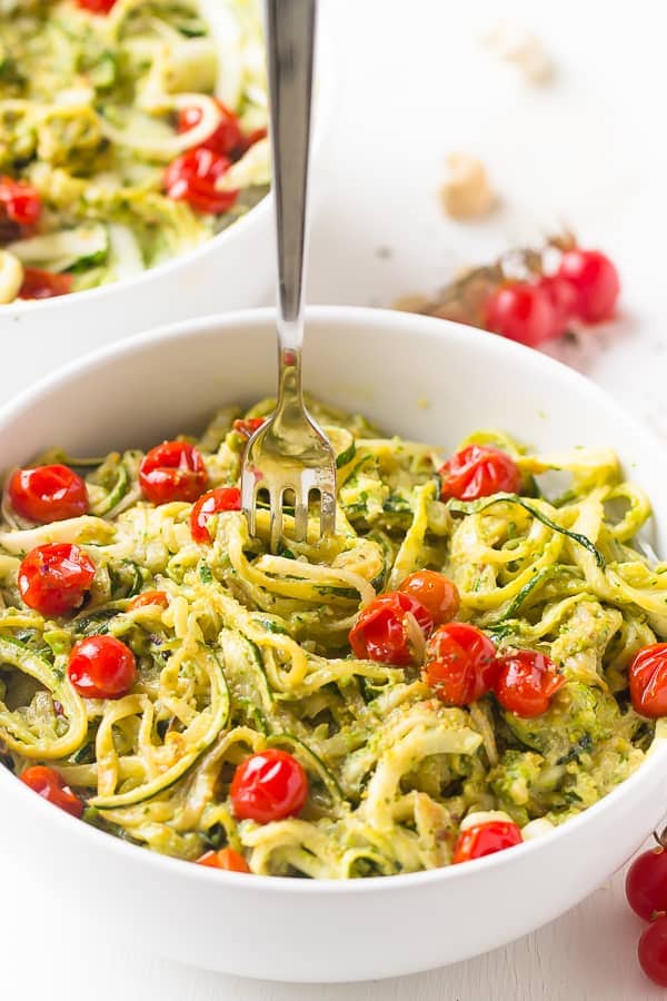 Pesto Zucchini Noodles with Burst Cherry Tomatoes