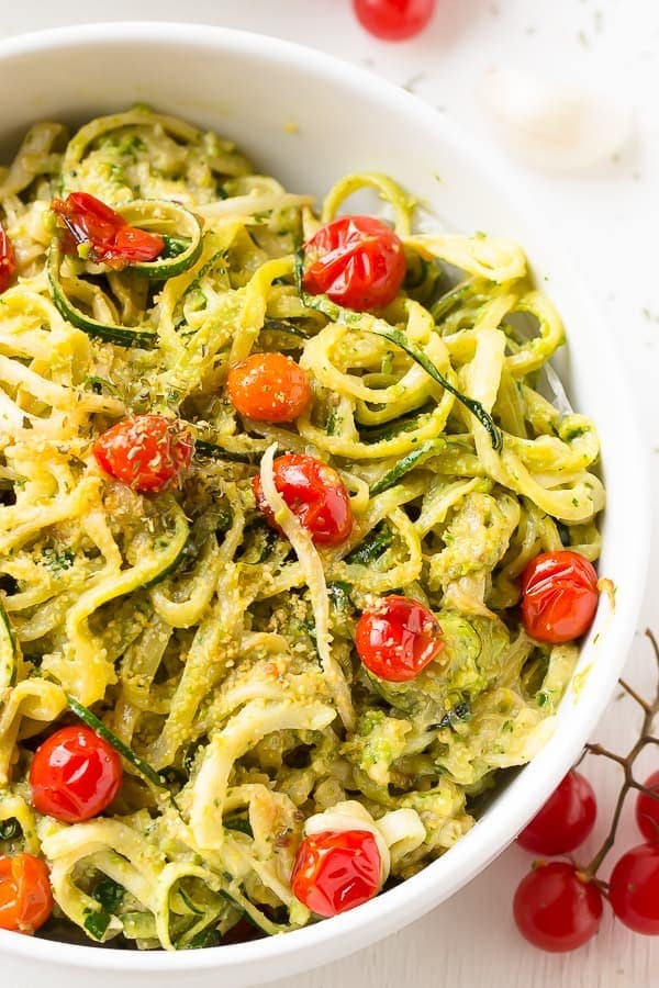 Pesto Zucchini Noodles with Burst Cherry Tomatoes