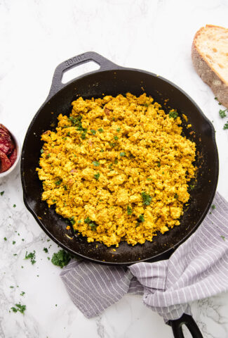 Vegan tofu Scramble in a cast Iron skillet